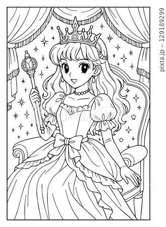 昭和レトロな日本ふうのお姫様ぬりえ：正装のイラスト素材 [129189299