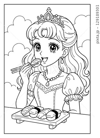 昭和レトロな日本ふうのお姫様ぬりえ：寿司 129189301