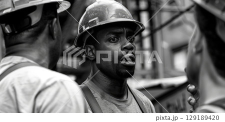 Team of African American construction workers in safety helmets discussing plans at building site. Professional portrait of collaboration in urban development Team of African American construction workers in safety helmets discussing plans at building site. Professional portrait of collaboration in urban development 129189420
