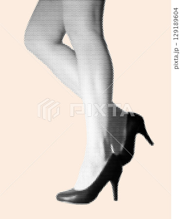 Halftone Stipple Effect Illustration of Elegant High Heels and Female Legs in Retro Aesthetic 129189604