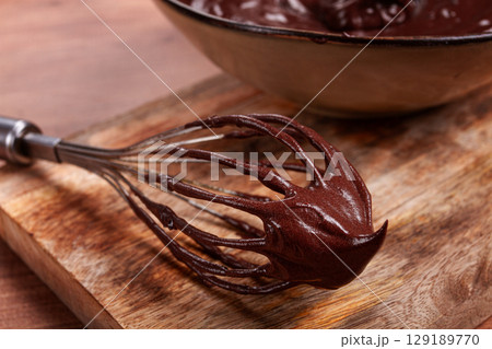metal whisk, close-up with chocolate dough , baking, structure and consistency, homemade, top view, no people, 129189770