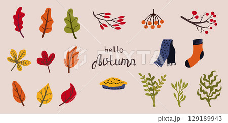 Autumn set with colorful leaves, berries, pie, scarf and sock 129189943
