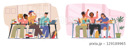 Happy students help each other in studying process while sitting at table in classroom or library 129189965