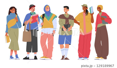 Diverse high school or college students multinational group cartoon characters standing in row 129189967