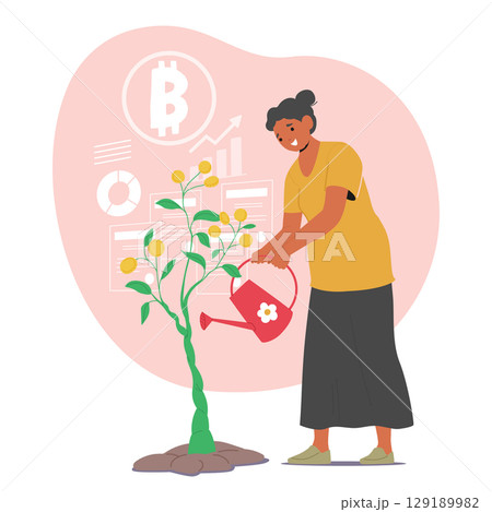 Elderly woman watering money tree from can caring for financial growth of pension investment 129189982