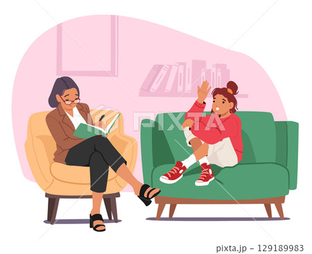 Emotional schoolgirl talking sharing expressions to school psychologist on therapy session in office 129189983