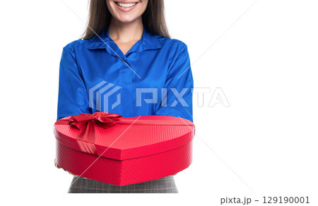 14 February. Businesswoman with present isolated on white. Valentines day celebration in office. Valentines day offer. Charity concept. Exchanging present reward. Businesswoman with copy space 129190001