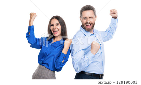 Businesspeople having fun. Business success celebration and fun. Business corporate party after successful deal. Successful businesspeople celebrate deal isolated on white. Extraordinary success Businesspeople having fun. Business success celebration and fun. Business corporate party after successful deal. Successful businesspeople celebrate deal isolated on white. Extraordinary success 129190003