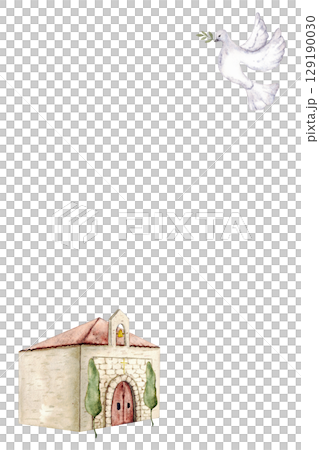 Vertical template with church and white dove of peace. Watercolor illustration. Hand drawn. Copy space. For first communion, confirmation, baptism, wedding greeting cards, invitation, save the date, 129190030
