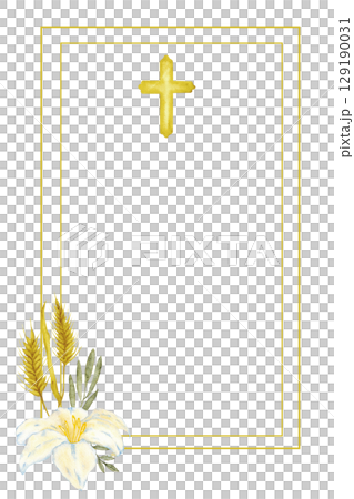 Vertical golden frame with cross, white flowers and ears. Copy space. Isolated. Hand drawn. Template for first communion, confirmation, baptism, wedding greeting cards, invitation, save the date Vertical golden frame with cross, white flowers and ears. Copy space. Isolated. Hand drawn. Template for first communion, confirmation, baptism, wedding greeting cards, invitation, save the date 129190031