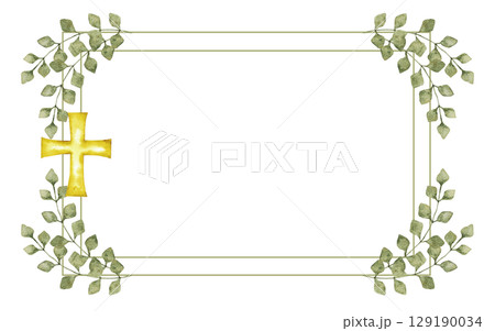 Horizontal frame with green leaves and golden cross. Hand drawn. Template for first communion, confirmation, baptism, wedding greeting cards, invitation, save the date. Copy space. Isolated Horizontal frame with green leaves and golden cross. Hand drawn. Template for first communion, confirmation, baptism, wedding greeting cards, invitation, save the date. Copy space. Isolated 129190034