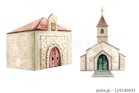 Watercolor illustration with two churches. Hand drawn. Isolated. For first communion, confirmation, baptism, wedding greeting cards, invitation, save the date. Relgious composition 129190035