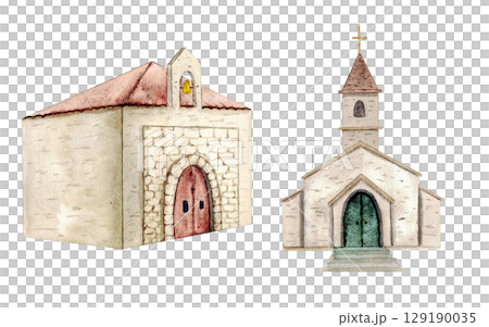 Watercolor illustration with two churches. Hand drawn. Isolated. For first communion, confirmation, baptism, wedding greeting cards, invitation, save the date. Relgious composition 129190035