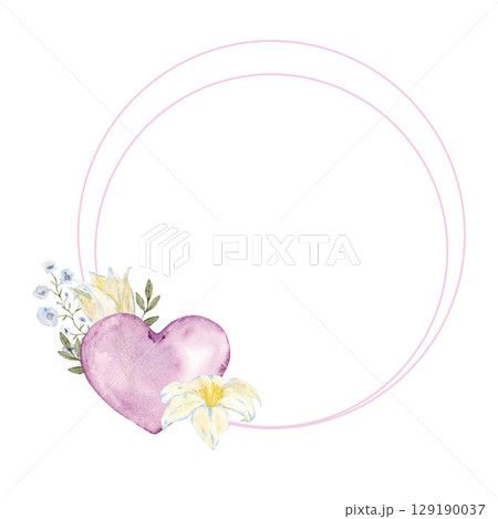 Round frame of pink heart and white flower. Watercolor illustration. Isolated. Template for wedding, Valentine Day, first communion, baptism, greeting cards, invitation, save the date. Copy space 129190037