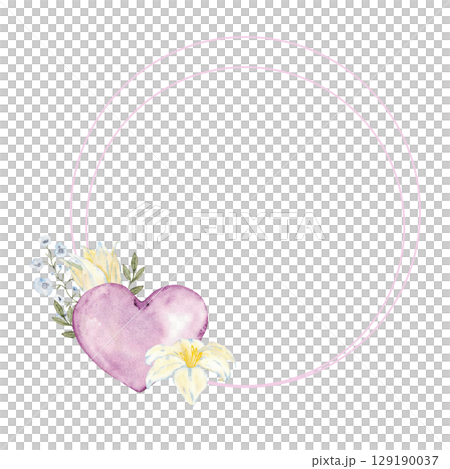 Round frame of pink heart and white flower. Watercolor illustration. Isolated. Template for wedding, Valentine Day, first communion, baptism, greeting cards, invitation, save the date. Copy space 129190037