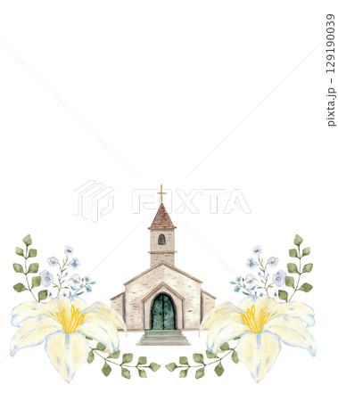 Vertical relgious template for first communion, confirmation, baptism, wedding greeting cards, invitation, save the date. Watercolor illustration with church and white flowers. Hand drawn. Copy space 129190039