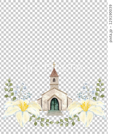 Vertical relgious template for first communion, confirmation, baptism, wedding greeting cards, invitation, save the date. Watercolor illustration with church and white flowers. Hand drawn. Copy space 129190039