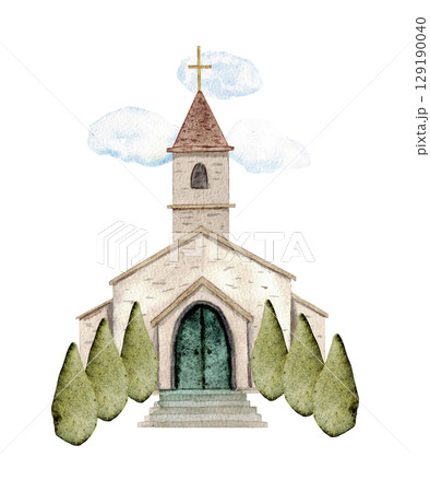 Vertical relgious composition for first communion, confirmation, baptism, wedding greeting cards, invitation, save the date. Watercolor illustration with church and green trees. Hand drawn. Copy space 129190040