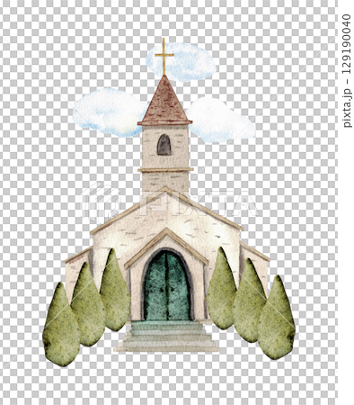 Vertical relgious composition for first communion, confirmation, baptism, wedding greeting cards, invitation, save the date. Watercolor illustration with church and green trees. Hand drawn. Copy space 129190040