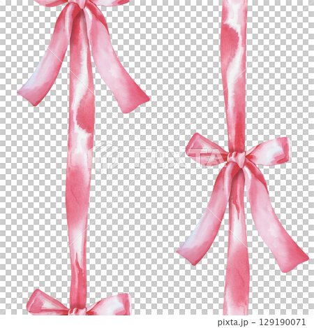 Vertical seamless pattern with pink ribbons and bows on a white background. Watercolor illustration. Seamless background for fabrics, textiles, wallpaper, packaging, stickers, postcards, posters Vertical seamless pattern with pink ribbons and bows on a white background. Watercolor illustration. Seamless background for fabrics, textiles, wallpaper, packaging, stickers, postcards, posters 129190071