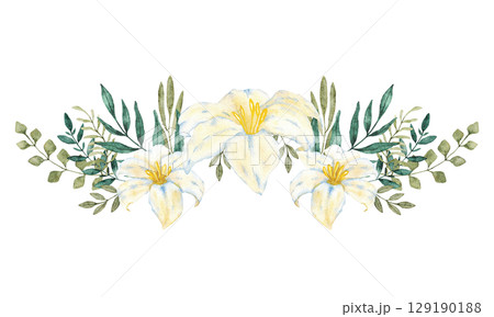 White flowers and green leaves. Watercolor composition. For first communion, wedding, baprism greeting card, invitation. Hand drawn. White lily. Isolated on a white background 129190188