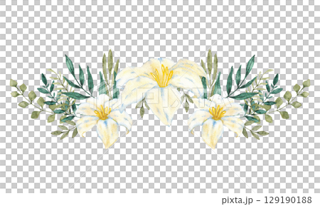White flowers and green leaves. Watercolor composition. For first communion, wedding, baprism greeting card, invitation. Hand drawn. White lily. Isolated on a white background 129190188