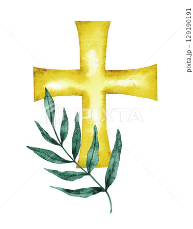 Watercolor illustration with golden cross and palm leaf. Hand drawn. Isolated on a white background. Catholic religious symbols. For first communion, wedding, baprism greeting card, invitation. 129190191