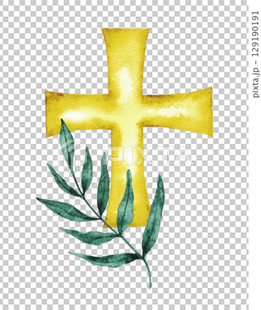 Watercolor illustration with golden cross and palm leaf. Hand drawn. Isolated on a white background. Catholic religious symbols. For first communion, wedding, baprism greeting card, invitation. Watercolor illustration with golden cross and palm leaf. Hand drawn. Isolated on a white background. Catholic religious symbols. For first communion, wedding, baprism greeting card, invitation. 129190191