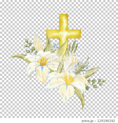 Watercolor composition with white and blue flowers and golden cross. For first communion, wedding, baprism greeting card, invitation. Catholic religious symbols. Hand drawn. Isolated Watercolor composition with white and blue flowers and golden cross. For first communion, wedding, baprism greeting card, invitation. Catholic religious symbols. Hand drawn. Isolated 129190192