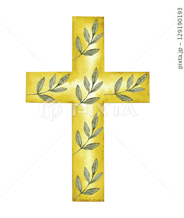 Golden cross decorated with green leaves. Hand drawn watercolor illustration. Isolated on white background. Catholic religious symbol. For first communion, wedding, baprism greeting card, invitation. Golden cross decorated with green leaves. Hand drawn watercolor illustration. Isolated on white background. Catholic religious symbol. For first communion, wedding, baprism greeting card, invitation. 129190193
