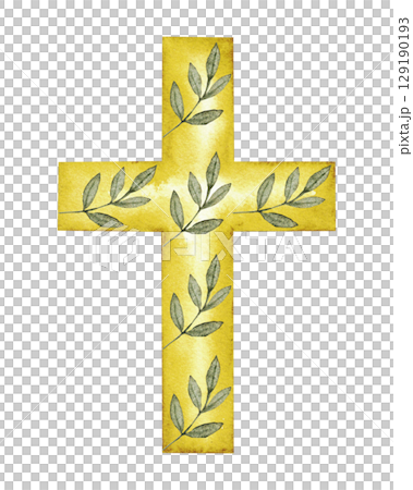 Golden cross decorated with green leaves. Hand drawn watercolor illustration. Isolated on white background. Catholic religious symbol. For first communion, wedding, baprism greeting card, invitation. Golden cross decorated with green leaves. Hand drawn watercolor illustration. Isolated on white background. Catholic religious symbol. For first communion, wedding, baprism greeting card, invitation. 129190193