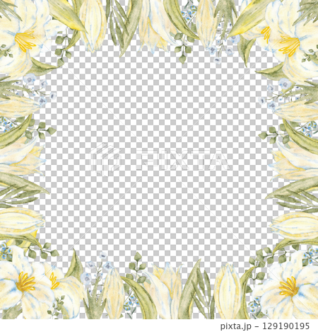 Frame with white and blue flowers and green leaves. Watercolor template. For first communion, wedding, baprism greeting card, invitation. Hand drawn. White lily. Isolated on a white background Frame with white and blue flowers and green leaves. Watercolor template. For first communion, wedding, baprism greeting card, invitation. Hand drawn. White lily. Isolated on a white background 129190195