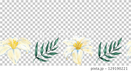 Seamless horizontal border of white flowers and green leaves. Hand drawn watercolor illustration. For first communion, baptism, wedding greeting cards, invitation, save the date, anniversary, birthday 129190221