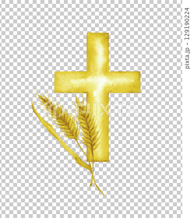 Golden cross and wheat ears. Watercolor composition with catholic religious symbols. For first communion, wedding, baprism greeting card, invitation. Hand drawn. Isolated Golden cross and wheat ears. Watercolor composition with catholic religious symbols. For first communion, wedding, baprism greeting card, invitation. Hand drawn. Isolated 129190224