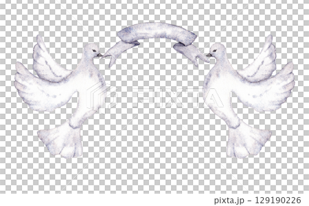 Flying doves holding a grey-blue ribbon. Copy space. Watercolor illustration. For first communion, baptism greeting cards, invitation, wedding card. Isolated 129190226