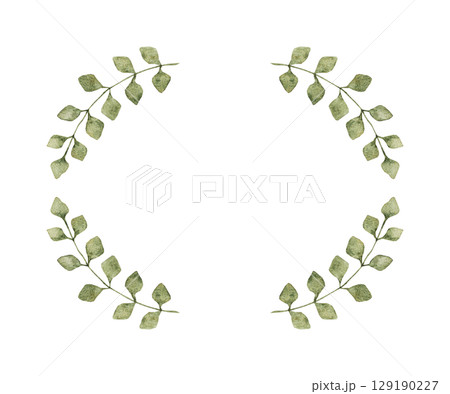 Round frame of branches with green leaves. Hand drawn watercolor illustration. Isolated. TemplatefFor first communion, baptism, wedding greeting cards, invitation, save the date, birthday. Copy space Round frame of branches with green leaves. Hand drawn watercolor illustration. Isolated. TemplatefFor first communion, baptism, wedding greeting cards, invitation, save the date, birthday. Copy space 129190227