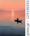 Vertical poster with red dramatic sunset and silhouette of fisherman on lake water. 129190293