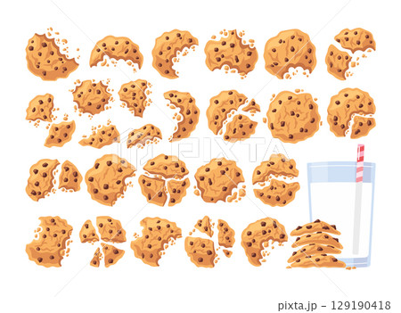 Sweet cookies with chocolate crisps cracked in chunks, bitten in pieces, stacked cartoon set Sweet cookies with chocolate crisps cracked in chunks, bitten in pieces, stacked cartoon set 129190418