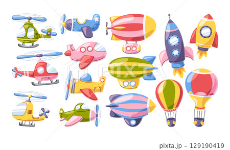 Doodle colorful air transport, cosmic spaceship, aircraft toy isolated set in childish cartoon style 129190419