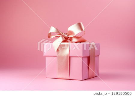 Holiday pink background with gift with satin bow. Valentine's Day, Women's Day, Mother's Day, Wedding, Christmas Holiday pink background with gift with satin bow. Valentine's Day, Women's Day, Mother's Day, Wedding, Christmas 129190500