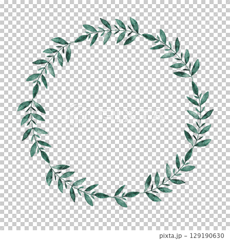Round frame of dark green leaves. Wreath of branches. Watercolor illustration. Isolated. Template for first communion, baptism, wedding greeting cards, invitation, save the date. Copy space Round frame of dark green leaves. Wreath of branches. Watercolor illustration. Isolated. Template for first communion, baptism, wedding greeting cards, invitation, save the date. Copy space 129190630