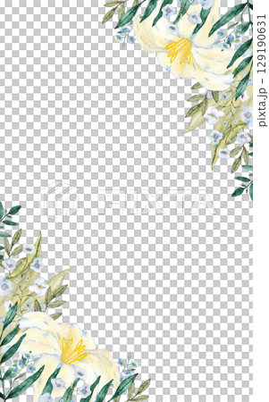 Vertical template with white lily, blue flowers and green leaves. For first communion, baptism, wedding greeting cards, invitation, save the date birthday. Copy space. Hand drawn frame 129190631