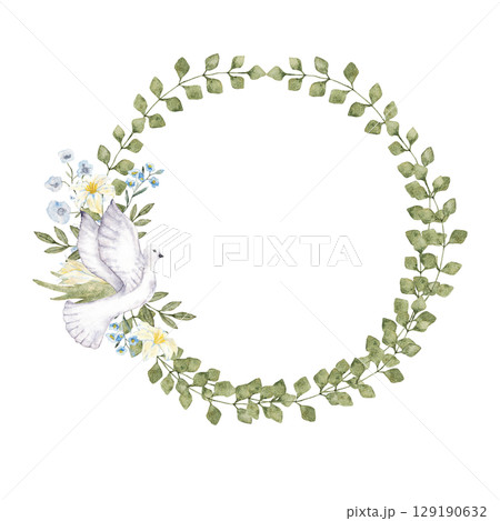Wreath of green leaves decorated with dove and flowers. Round frame. Watercolor illustration. Isolated. For first communion, baptism, wedding greeting cards, invitation, save the date. Copy space Wreath of green leaves decorated with dove and flowers. Round frame. Watercolor illustration. Isolated. For first communion, baptism, wedding greeting cards, invitation, save the date. Copy space 129190632
