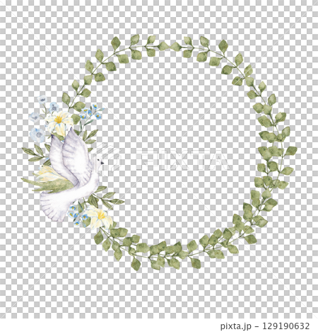 Wreath of green leaves decorated with dove and flowers. Round frame. Watercolor illustration. Isolated. For first communion, baptism, wedding greeting cards, invitation, save the date. Copy space Wreath of green leaves decorated with dove and flowers. Round frame. Watercolor illustration. Isolated. For first communion, baptism, wedding greeting cards, invitation, save the date. Copy space 129190632
