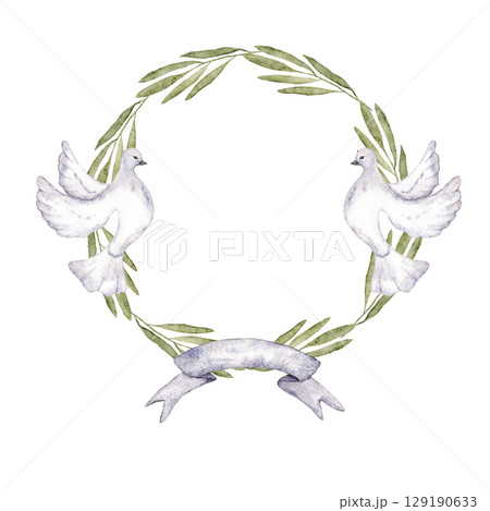 Wreath of green leaves with doves and ribbon. Round frame. Isolated. Watercolor illustration. Template for first communion, baptism, wedding greeting cards, invitation, save the date. Copy space Wreath of green leaves with doves and ribbon. Round frame. Isolated. Watercolor illustration. Template for first communion, baptism, wedding greeting cards, invitation, save the date. Copy space 129190633