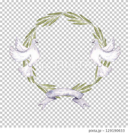 Wreath of green leaves with doves and ribbon. Round frame. Isolated. Watercolor illustration. Template for first communion, baptism, wedding greeting cards, invitation, save the date. Copy space 129190633