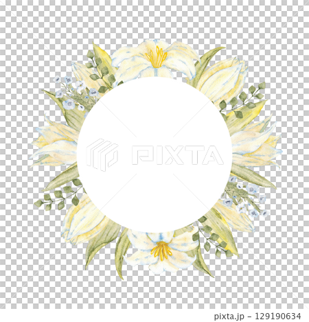 Round template of white flowers and green leaves. Isolated watercolor illustration. Frame for first communion, baptism, wedding, birthday, party greeting cards, invitation, save the date. Copy space 129190634