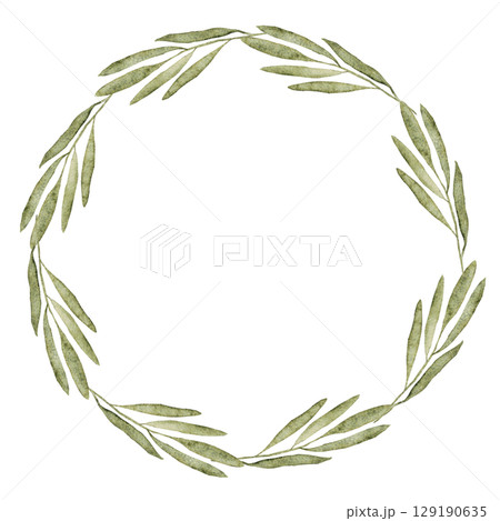 Watercolor template. Round frame of green branches. Wreath of light green leaves. Isolated illustration. For first communion, baptism, wedding greeting cards, invitation, save the date. Copy space 129190635
