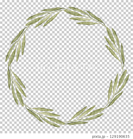 Watercolor template. Round frame of green branches. Wreath of light green leaves. Isolated illustration. For first communion, baptism, wedding greeting cards, invitation, save the date. Copy space 129190635