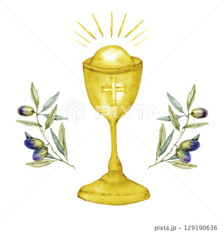 Chalice wit olive branches. Watercolor composition with catholic religious symbols. Isolated on white background. For first communion, wedding, baprism greeting card, invitation 129190636